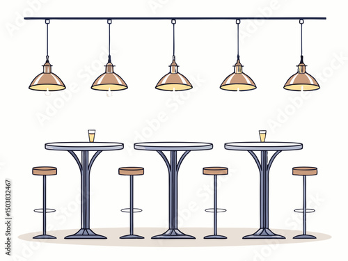 Design a vector illustration of bold-stroke bar lighting fixtures, featuring pendant lamps.  Include detailed metallic texture.