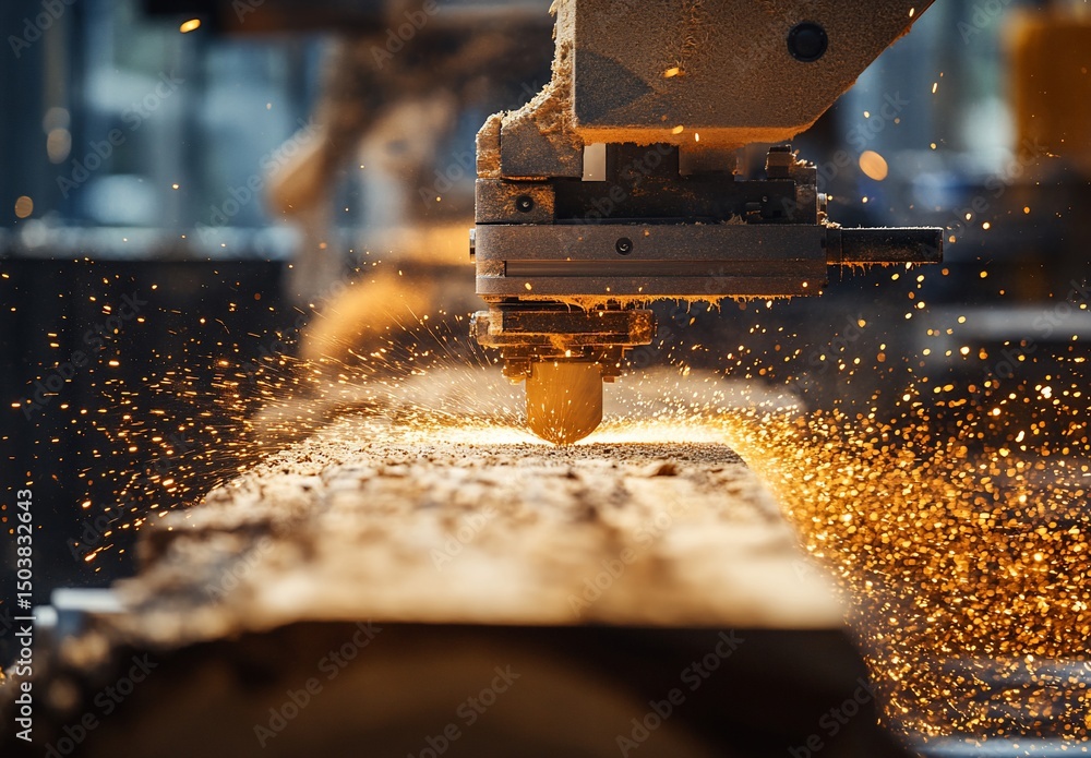 Industrial Woodworking Machine Cuts Log, Sparks Fly Industrial Woodworking Machine Cuts Log, Sparks Fly