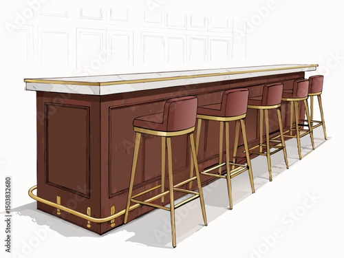 Create a vector illustration of several bold-stroke bar stools neatly lined up along a counter.  Show strong outlines and clean lines.