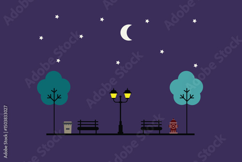Minimalist flat design illustration of a city park at night, with glowing street lamps and a calm ambiance. Modern and elegant style, suitable for night-time urban themes.