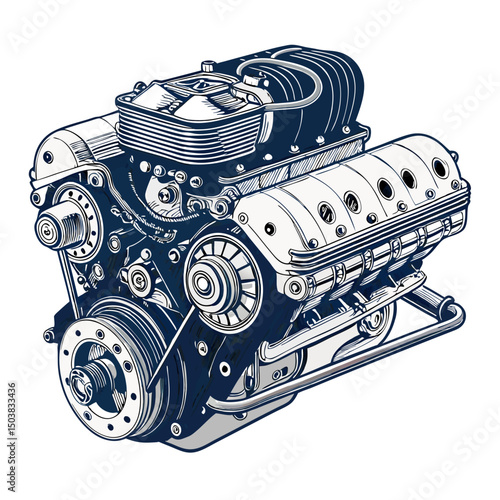 Design a bold vector illustration of a powerful boxer engine, emphasizing strong horizontal lines and a rugged, industrial aesthetic.