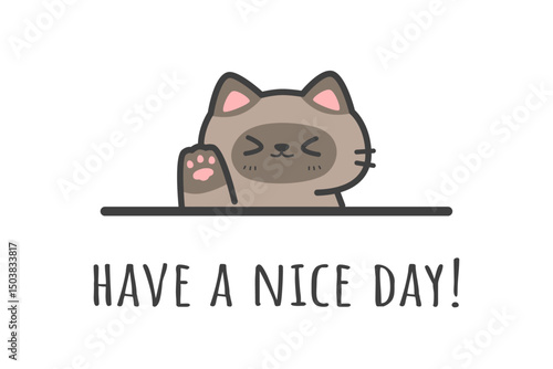 Brown Siamese Cat cartoon waving paw greeting card have a nice day