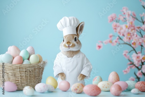 Bunny chef with easter eggs and cherry blossoms on blue background