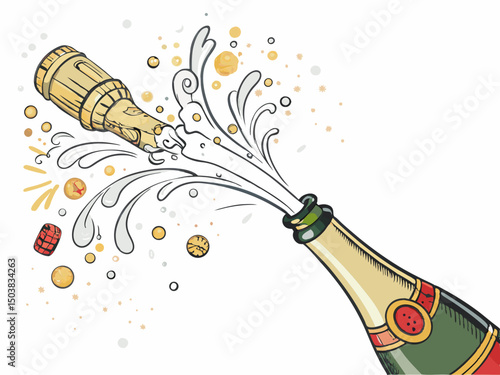 Create a vector illustration of a bold-stroked champagne bottle being opened with a celebratory pop; emphasize the movement and effervescence.