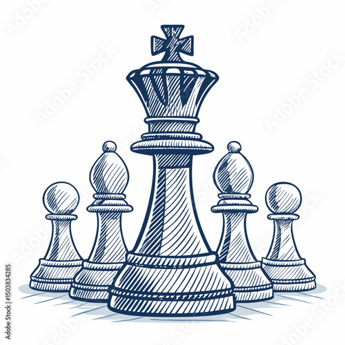Design bold vector illustrations of chess pieces, emphasizing strong outlines and a prominent king.  Include all chess piece types.