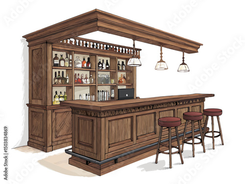 Create a vector illustration of a classic, bold-stroked bar interior, showcasing vintage details and a sophisticated atmosphere.