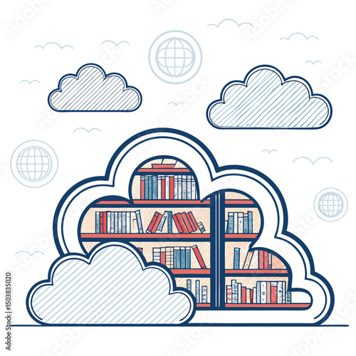 Design a bold, vector illustration of a cloud-based digital library, emphasizing strong strokes and a modern aesthetic.