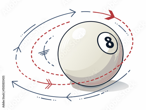 Create a vector illustration of a cue ball with bold black outlines and visually striking spin lines indicating topspin.  High resolution, clean lines.