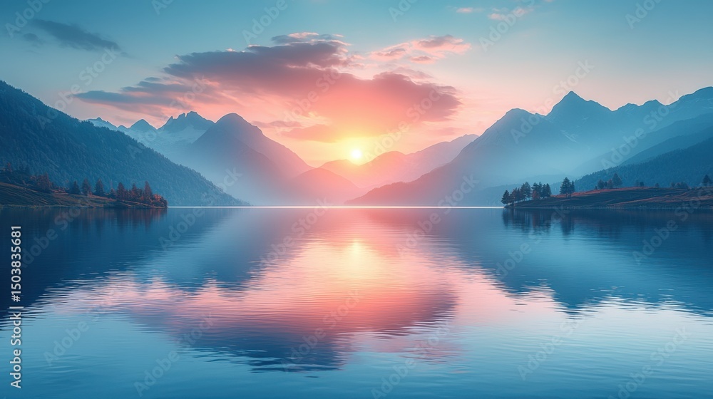 Fototapeta premium Serene Sunset Over Tranquil Lake Surrounded by Majestic Mountains