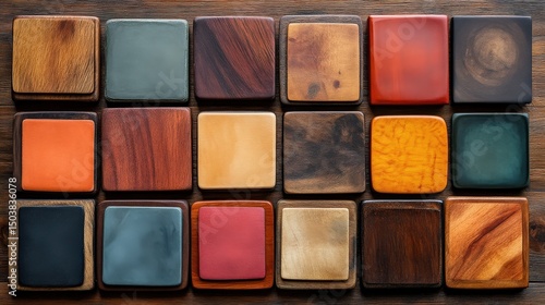 Variety of colorful wooden tiles arranged in a grid pattern highlighting texture and design elements