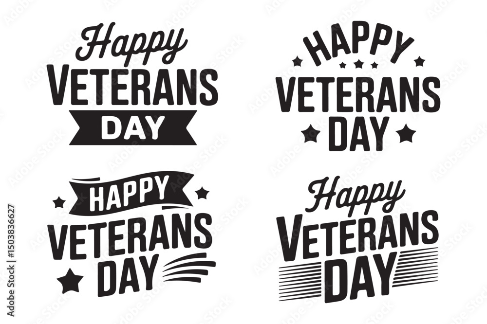 Fototapeta premium Black veteran's day lettering set, vector illustration, 