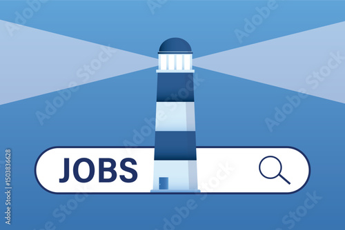 Lighthouse on search bar employment, career or job search. Lighthouse help search vacancies, opportunities or jobs. Business banner template, place for text.