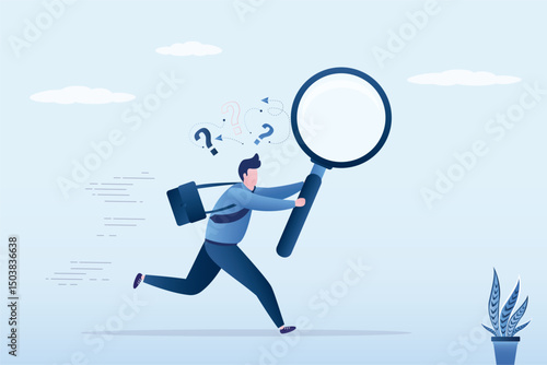 Business creativity or imagination, improvement, creative freedom. Entrepreneur running and uses magnifying glass for searching answers. Creative businessman looking for new ideas