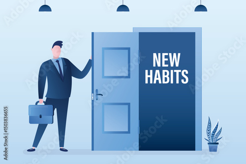 New habits for businessman. Smart guy opens door looking for new direction. Successful worker man in suit with briefcase. Positive thinking, motivation. Choose new direction.