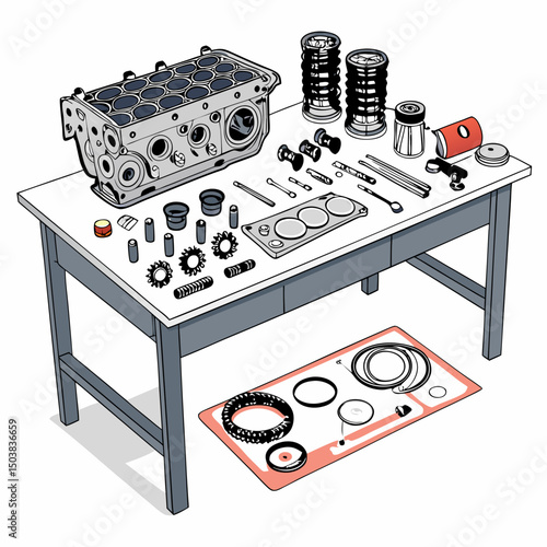 Create a bold vector illustration of a car engine undergoing a rebuild, emphasizing disassembled parts and the DISA valve.  Include detailed, strong linework.