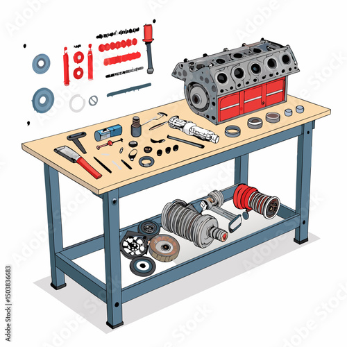 Create a bold, vector illustration of a powerful engine undergoing a rebuild, emphasizing disassembled parts and the "DISA" valve.  Focus on strong lines and metallic textures.