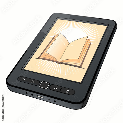 Design a bold, vector illustration of an e-reader with a glowing screen, emphasizing strong outlines and impactful visuals.  Include realistic device details.