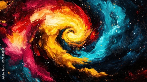Dynamic Swirling Galaxy with Red, Orange, Yellow, and Blue Hues