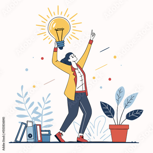 Design a bold vector illustration depicting a person experiencing a eureka moment, emphasizing a strong stroke style.  Include a lightbulb graphic.