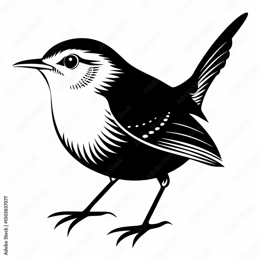 Obraz premium Black and white illustration of a house wren