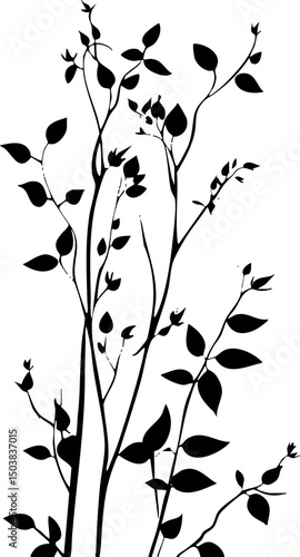 Small leaf plant silhouette pattern wallpaper. Black and white. minimal artwork. simple template. tattoo design. card and package. PNG tranparent.