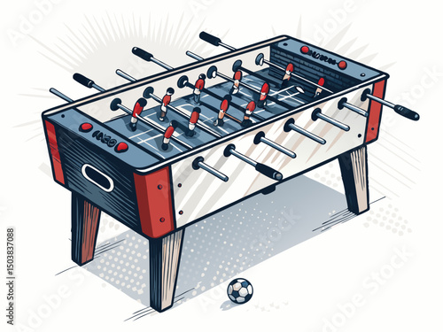 Design a bold vector illustration of a foosball table, featuring thick outlines and miniature players.  Include realistic details.