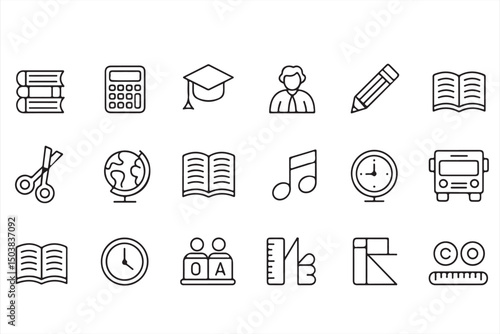 Editable vector icons for education-related items like books, calculators, and graduation