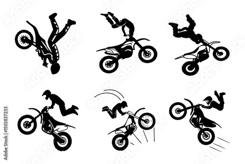 A series of dynamic silhouettes depicting motocross riders performing daring stunts and maneuvers, showcasing their skill and athleticism in extreme sports.