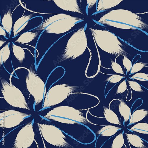 soft blue background with floral flowers pattern, the tropical flowers and leaves stoked hand drawing art style, and flowers geometric textile vector illustration