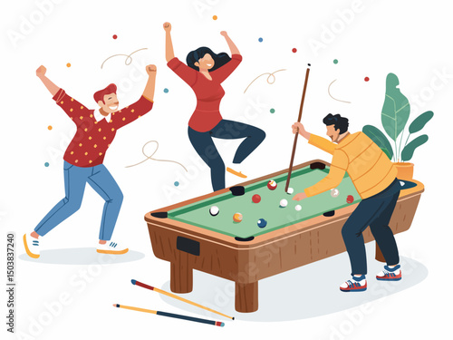 Create a bold, vector illustration of friends playfully engaged in a pool game, emphasizing strong outlines and vibrant colors.