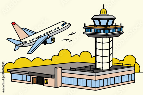 A colorful illustration showcasing an airport scene with an airplane taking off near a control tower and airport terminal building under a bright sky.