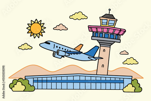 Colorful cartoon illustration of an airplane taking off from an airport terminal next to a control tower under a bright sunny sky