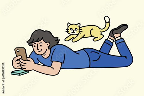Person relaxing at home using smartphone with adorable cat  enjoying company  a fun relaxed domestic scene featuring  technology and pets