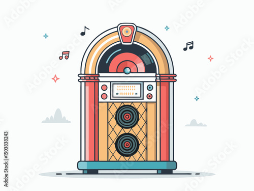 Create a bold, vector illustration of a vintage jukebox playing music, with thick black outlines and vibrant colors.  Focus on detailed design.