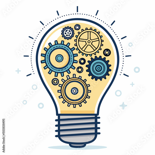 Design a bold, vector illustration of a lightbulb with visible internal gears, featuring thick, strong strokes and a bright, illuminated effect.