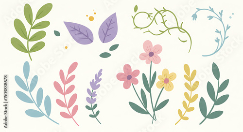 Pastel Floral and Foliage Illustration with Delicate Details and Soft Color Palette