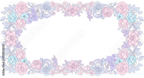Pastel Floral Frame with Roses Blossoms and Decorative Swirls