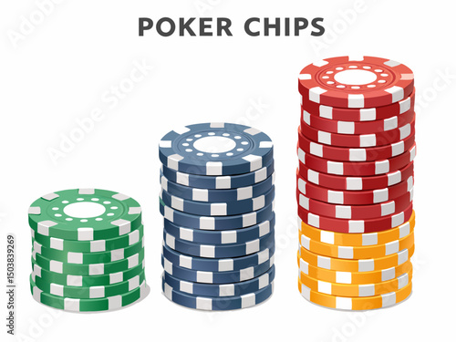 Create a vector illustration of a stack of bold-stroked poker chips arranged in a 'C' shape.  Chips should be realistically rendered with detailed textures.