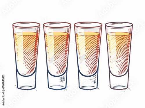 Create a vector illustration of bold-stroked shot glasses precisely lined up, showcasing a clean, minimalist design.  Focus on strong lines and vibrant color.