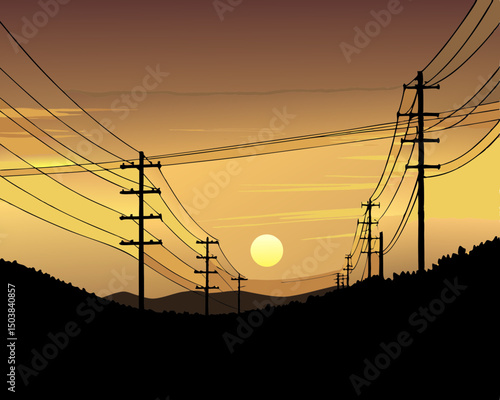 power lines at sunset vector