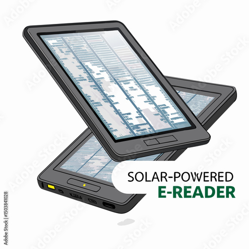 Design a bold, vector illustration of a solar-powered e-reader, emphasizing its sleek design and robust construction with thick outlines.
