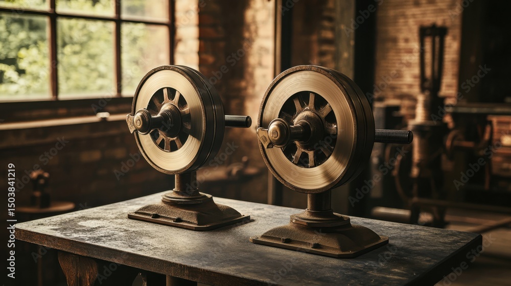 Obraz premium Industrial bench grinder with twin grinding wheels mounted on a steel table