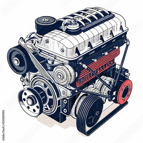 Create a vector illustration of a supercharged engine, featuring bold strokes and vibrant colors.  Emphasis on powerful, detailed mechanical elements.