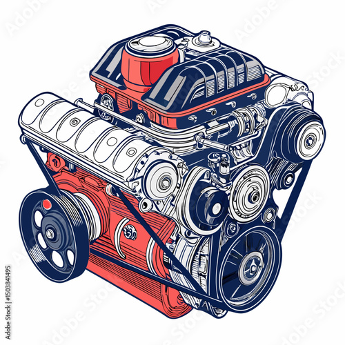 Create a vector illustration of a supercharged engine with bold strokes, emphasizing powerful mechanics.  Include detailed pistons, connecting rods, and a supercharger.