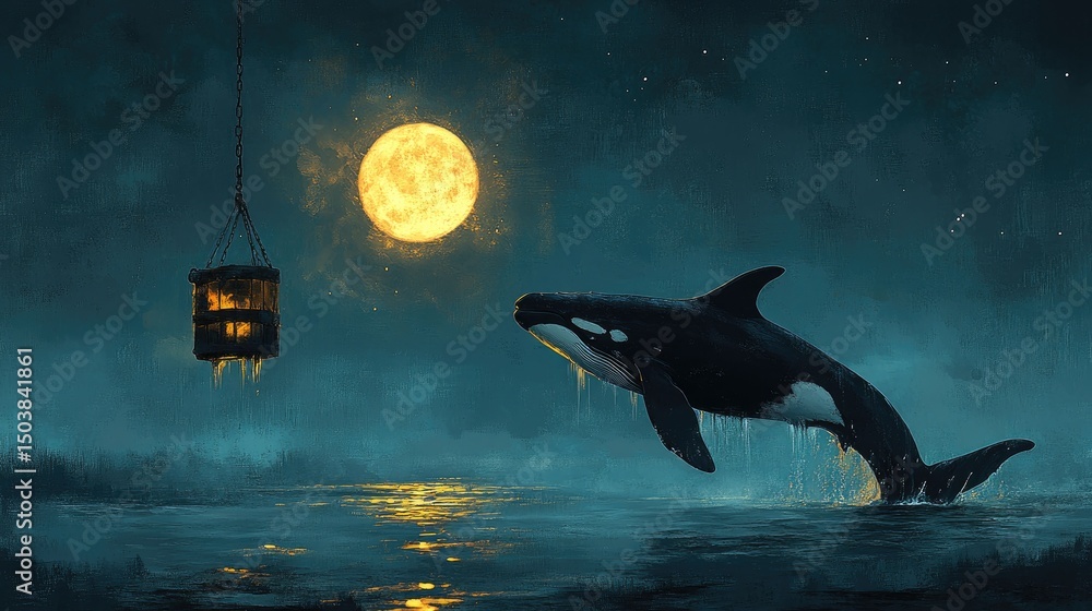 Fototapeta premium Moonlit Whale Leaps, Lantern, Misty Lake