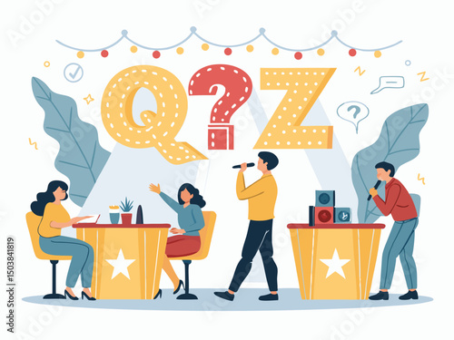 Design a bold vector illustration for a Trivia Night poster, featuring team logos, vibrant colors, and strong outlines.  Include space for event details.