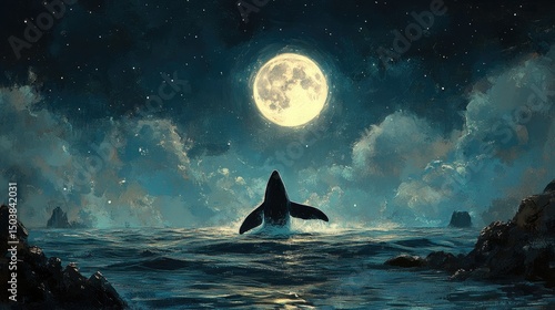 Whale leaps moonlit ocean night