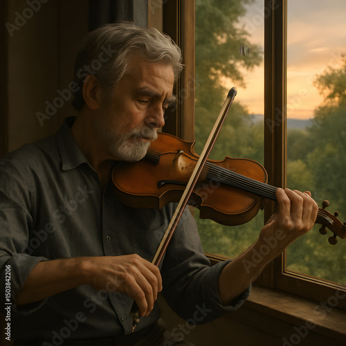 Senior Man Playing Violin at Sunset