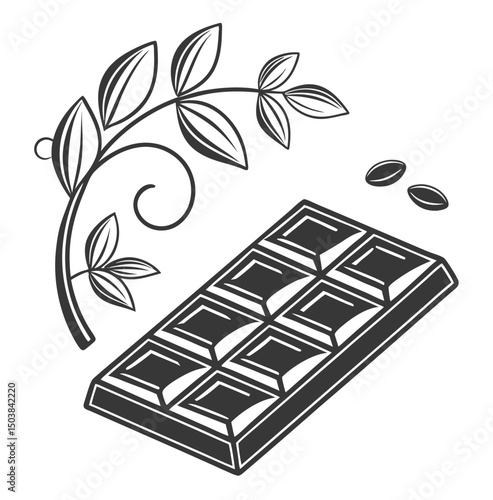 
Chocolate Bar with Cocoa Leaves Vector Icon – Black and White