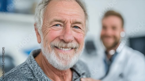 Healthcare Portrait: A warm, sunlit setting reveals an older man, radiating contentment as he receives professional medical care from a smiling healthcare professional.
